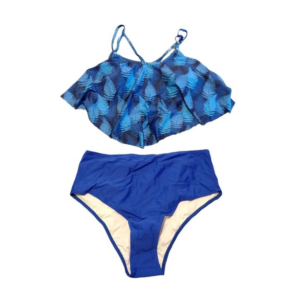 Womens Palm Print Ruffle Top Strappy Bikini with High waisted Bottom - XXL - NWT - Picture 1 of 9